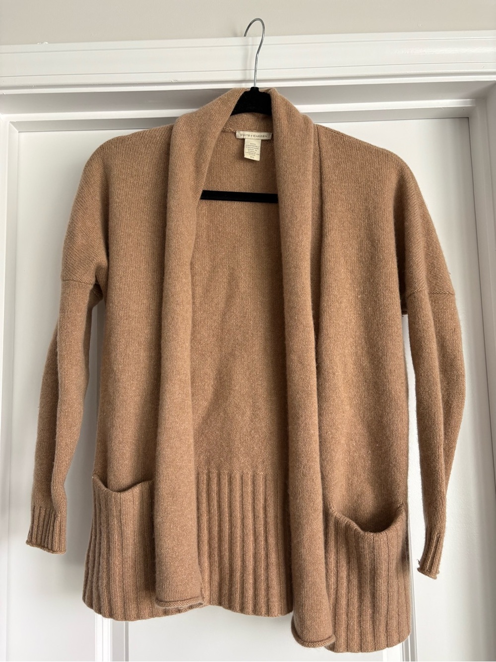 White + Warren Cashmere Blend Open-Front Camel Cardigan Sweater
